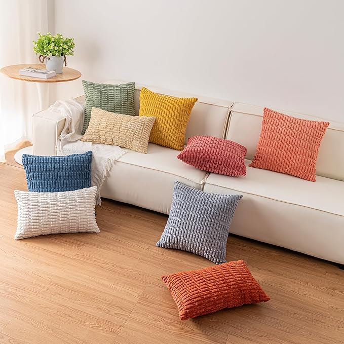 Pack of 2 Corduroy Decorative Throw Pillow Covers 20x20 Inch Soft Striped Pillow Covers Modern Farmhouse Home Decor for Sofa Living Room Couch Bed（White）