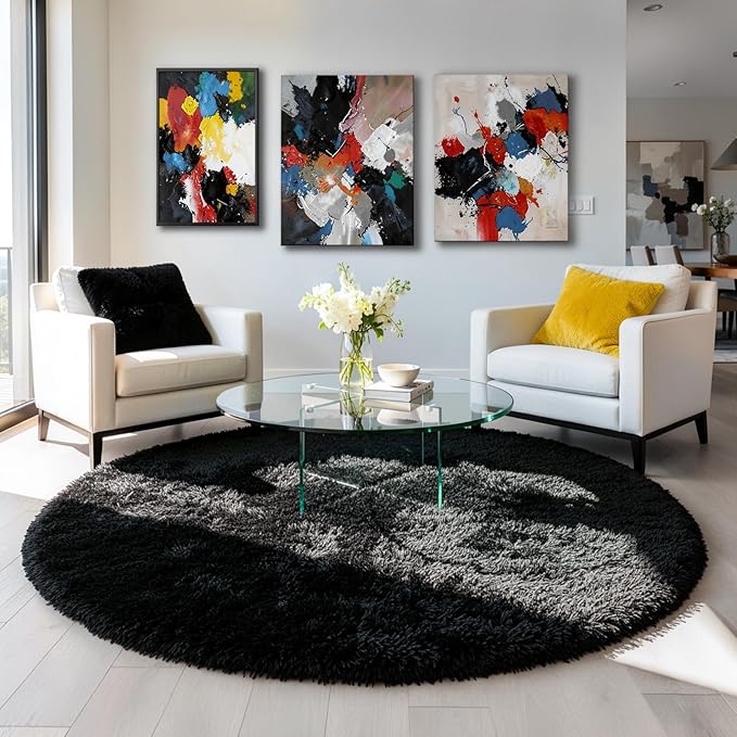 Black Round Rugs 5Ft for Bedroom Aesthetic, Fluffy Plush Circle Area Rugs for Living Room, Fuzzy Modern Cool Throw Carpet for Baby Kids Teen Boys Mens, Office Playroom Nursery Apartment Home Decor