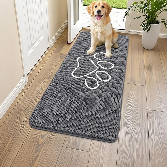 Smiry Dog Door Mat for Muddy Paws, Absorbent Dirt Trapper Non Slip Quick Dry Washable Chenille Mat for Mud Dogs, Entry Rug for Indoor and Outdoor (47x20 Inches, Dark Grey and White)