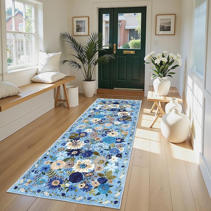 Rug for Hallways Kitchen Rug 2x8, Non Slip Washable Rugs with Rubber Backing Soft Floral Carpet Runner for Hallways, Kitchen, Laundry, Bedroom, Bathroom (2 x 8, Blue Garden)
