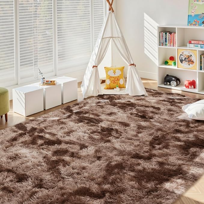 4x6 Ft Shag Brown Area Rug for Bedroom Living Room, Tie-Dyed Ultra Soft Fluffy Furry Rugs for Indoor Floor, Aesthetic Carpet for Kids Home Decor (Coffee)