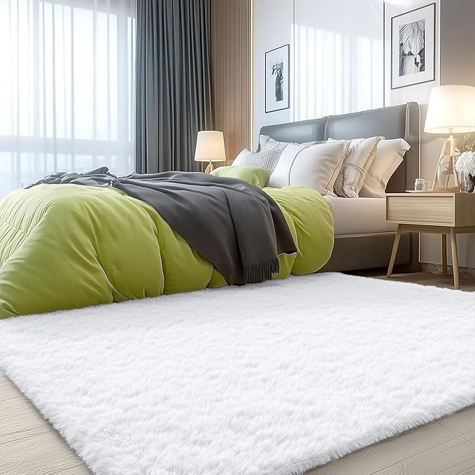 OLANLY 3x4 Machine Washable Accent Rug, Soft Fluffy Shaggy Area Rug for Bedroom, Living Room, Indoor Floor Carpet for Kids, Nursery, Home Decor, White