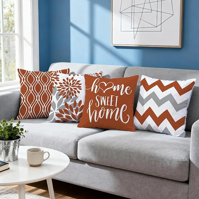 Hexagram Geometric Burnt Orange Pillow Covers 16x16 Set of 4, Decorative Outdoor Boho Modern Throw Pillow Covers, Home Sweet Home Farmhouse Cushion Case for Couch Sofa Bedroom Indoor Decor(No Insert)