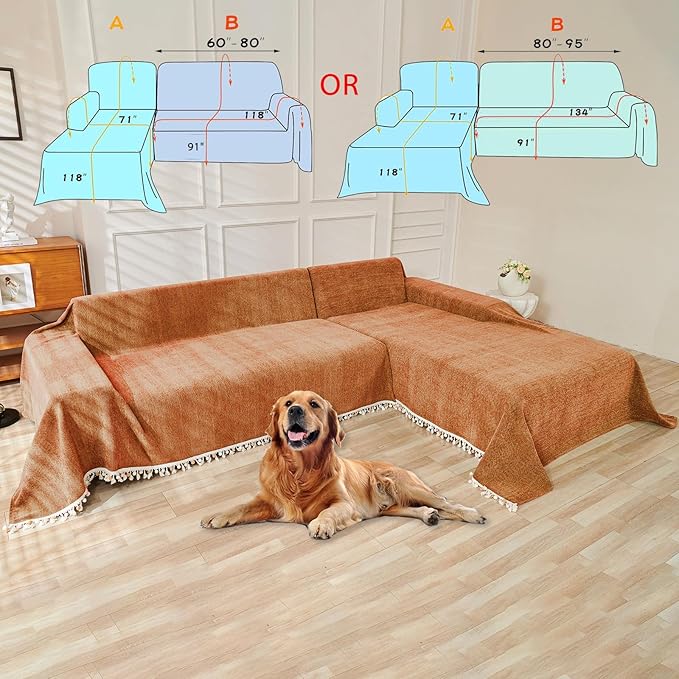 HANDONTIME Dark Orange Sofa Covers Couch Cover for Dogs Colorful Tassel Lovetseat Cover Pet Couch Cover Bohemian Sofa Cover for Couch Vintage Boho Couch Covers Futon Cover Pet-Friendly, 91" X150"