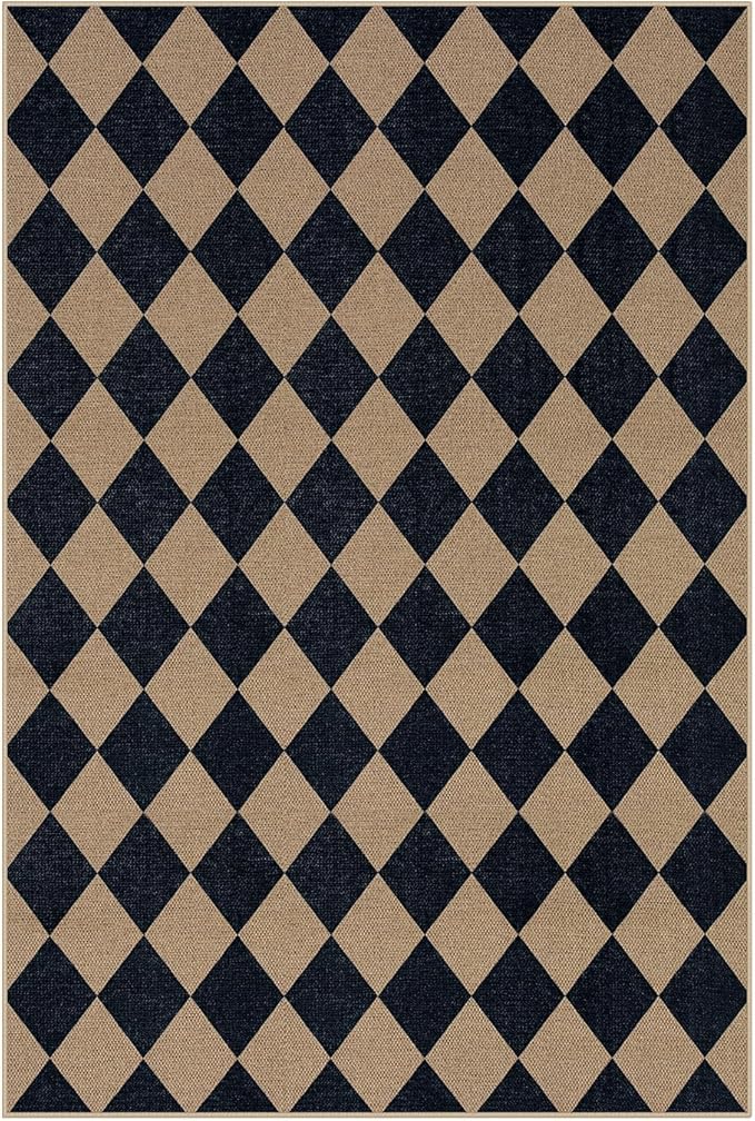 Lahome Colette Checkered Easy Jute Patio Rug, 6x9 Washable Indoor Outdoor Rug, Farmhouse Neutral Non Slip Non Shedding Low Pile Floor Carpet for Deck Living Dining Room Office Mudroom