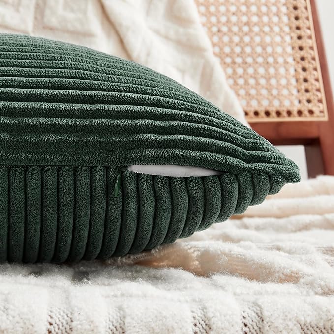 Fancy Homi Set of 2 Dark Green Lumbar Decorative Throw Pillow Covers 16x32 Inch for Living Room Couch Bed, Boho Farmhouse Forest Green Home Decor, Soft Corduroy Corss Patchwork Cushion Case