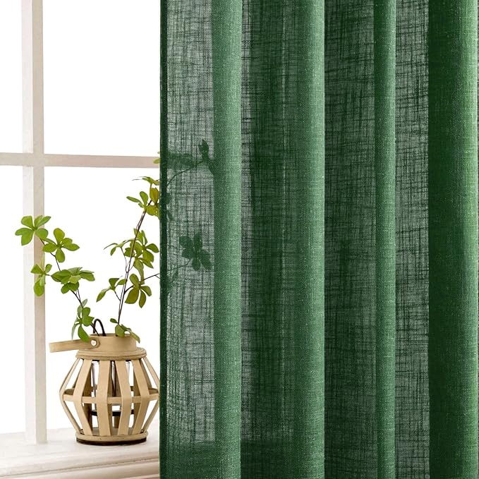 MIULEE Emerald Green Linen Curtains 84 Inch Length for Bedroom Living Room, Soft Thick Linen Textured Window Drapes Semi Sheer Light Filtering Back Tab Rod Pocket Burlap Look Christmas Decor, 2 Panels