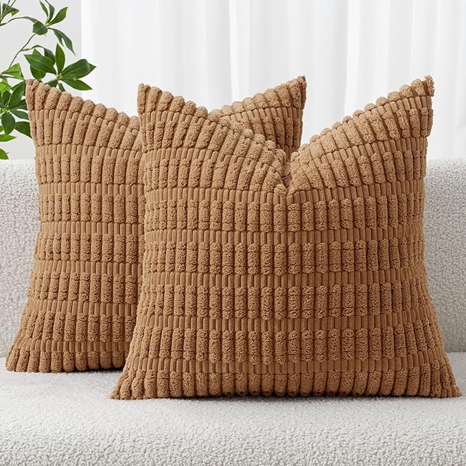 MIULEE Pack of 2 Corduroy Decorative Throw Pillow Covers 16x16 Inch Soft Boho Striped Pillow Covers Modern Farmhouse Home Decor for Sofa Living Room Couch Bed Brown