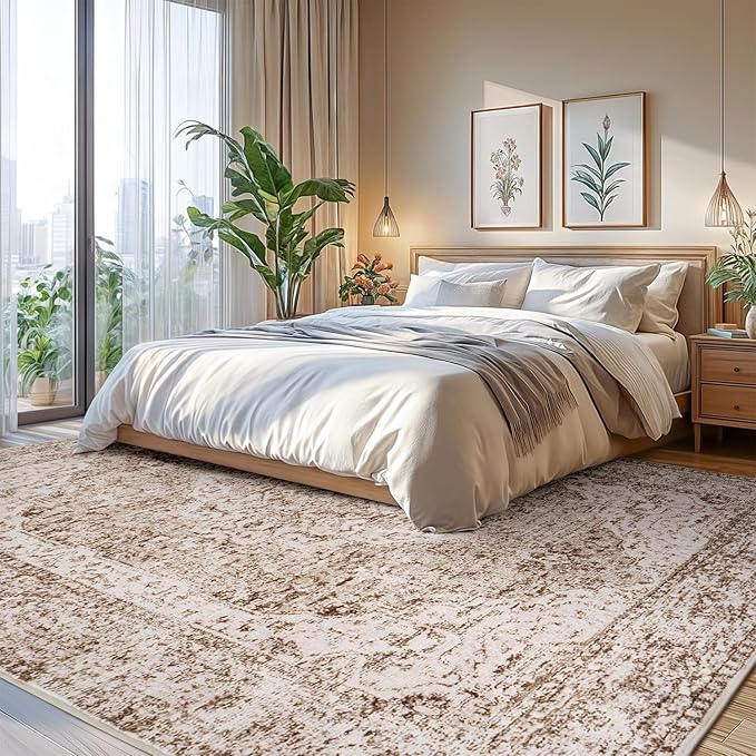 Lofus 6x9 Area Rugs for Living Room, Washable Area Rug, Rugs for Bedroom, Kitchen, Vintage Boho Carpet, Soft Non-Slip, Low Pile Large Area Rug for Office Dining Room, Vintage Beige Brown