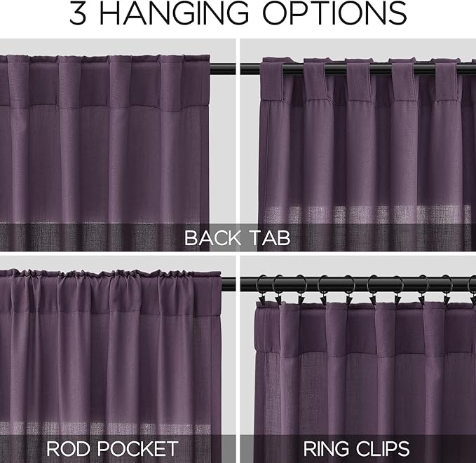 Plum Linen Curtains 102 Inches Long Rod Pocket Back Tab Drapes 2 Panels Set for Living Room Sheer Light Filtering Semi Sheer Plum Curtain 102 Length for Patio Sliding Glass Door 52x102