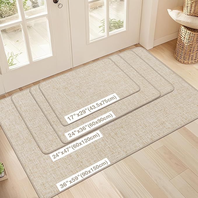 LEKEEPGO Ultra Thin Indoor Door Mat 24"x36", Low-Profile Door Mat Indoor Entrance, Non Slip Rubber Backing Inside Doormat Washable Welcome Front Entryway Dirt Trapper Entry Mat, Khaki