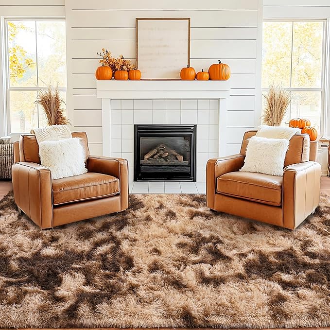 Pionblank 9x12 Area Rug, Large Area Rug for Living Room, Shag Rug for Bedroom Brown, Soft Furry Non Slip Carpet for Kids Room Nursery Teens Dorm Home Decor, Tie-Dyed Coffee