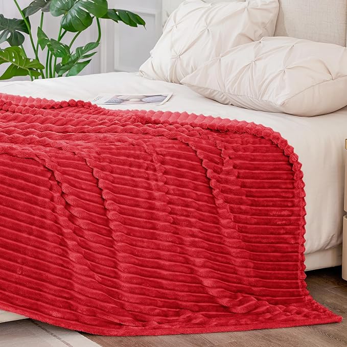 BEDELITE Fleece Blanket King Size – 3D Ribbed Jacquard Soft and Warm Decorative Fuzzy Blankets – Cozy, Fluffy, Plush Lightweight Throw Blankets for Couch, Bed, Sofa(Red, 108x90 inches)