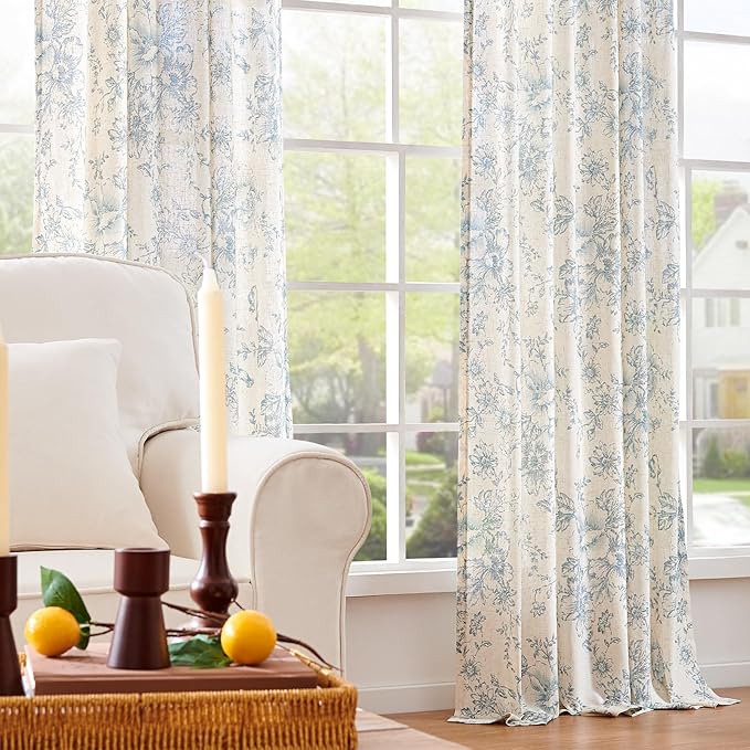 jinchan Linen Blend Curtain Floral Curtains for Living Room 108 Inch Length Blue Printed Curtain Rod Pocket Back Tab Farmhouse Peony Flower Patterned Drapes Bedroom Window Curtains Set 2 Panels