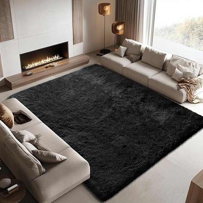 Area Rugs 9x12 Living Room, Large Area Rug Shag Shaggy Carpet Soft Plush Furry Bedside Rug, Machine Washable Area Rugs for Bedroom Kids Girls Boys Home Decor Anti Slip(9 x 12, Black)