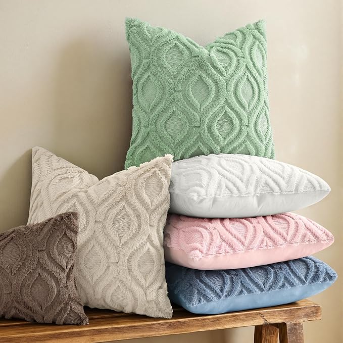 decorUhome Throw Pillow Covers 22x22 Inch Set of 2, Soft Plush Faux Wool Beige Solid Couch Pillow Covers, Accent Euro Sham Farmhouse Neutral Square Pillow Cases for Sofa Bed Living Room