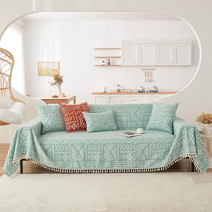 HANDONTIME Farmhouse Couch Cover Tassel Light Green Sofa Covers for Dogs Boho Décor Geometric Aztec Couch Cushion Cover Sofa Protector Cover Sectional Couch Covers for 3 Cushion Couch, 71" X150"