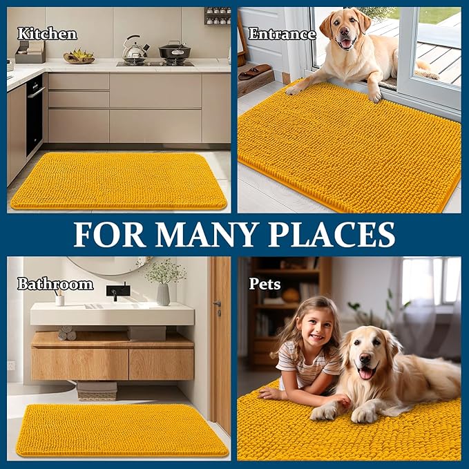 OLANLY Dog Door Mat for Muddy Paws 35x24, Absorbs Moisture and Dirt, Absorbent Non-Slip Washable Doormat, Quick Dry Chenille Mud Mat, Entry Indoor Entryway Carpet for Inside Floor, Golden Yellow