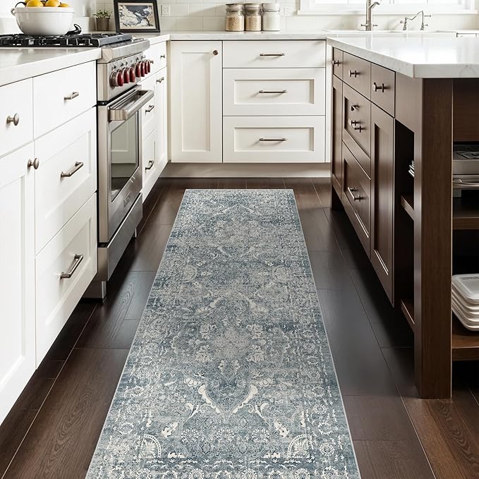 2'6"x8' Washable Hallway Runner Rug - Non Slip Kitchen Runner Rugs with Rubber Backing Vintage Low-Pile Carpet Runners for Entryway Dining Room Laundry Room Home Decor (Blue)