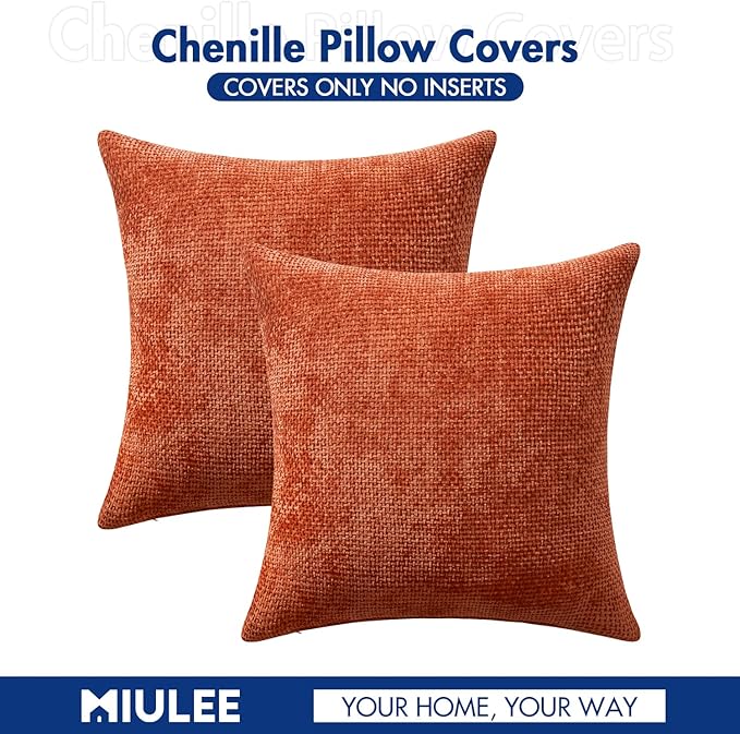 MIULEE Pack of 2 Burnt Orange Decorative Pillow Covers 18x18 Inch Soft Chenille Couch Throw Pillows Farmhouse Cushion Covers for Home Decor Sofa Bedroom Living Room