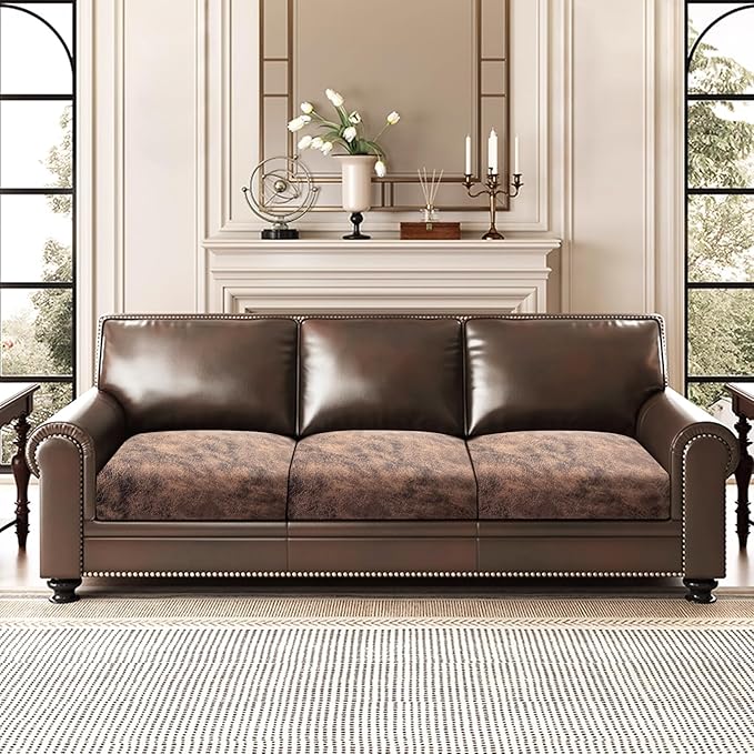 Leather Look Couch Cushion Covers Sofa Seat Slipcovers Sets Couches Furniture Protector for Sectional Armchair Loveseat Pets Kids Stretch Spandex Fabric (3 Cushion Sofa, Light Brown)