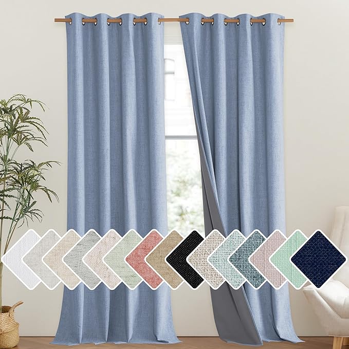 NICETOWN Stone Blue Vintage Linen 100% Blackout Curtains for Living Room, Thermal Insulated Curtains 108" Long, Noise Reducing Window Treatment Drapes for Hall Room, 52" Wide Per Panel, Set of 2