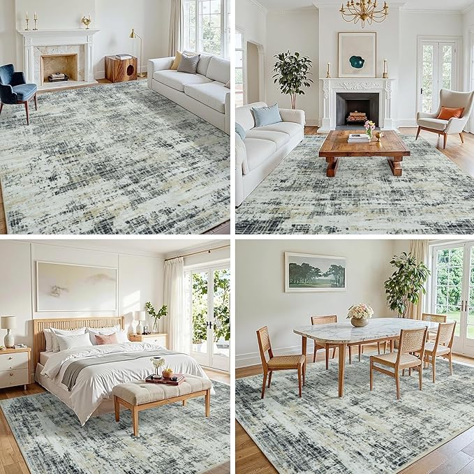 9x12 Area Rugs for Living Room Washable Rug: Anti-Skid Abstract Modern Living Room Rug Soft Thin Carpets Indoor Floor Non-Shedding Carpet for Bedroom Dining Farmhouse Nursery Black Gray Gold