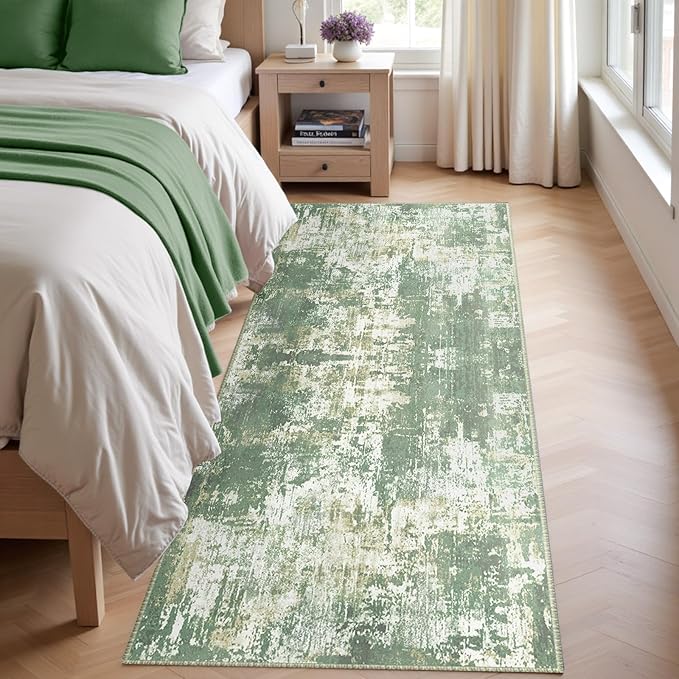 Washable Area Rugs 2'x6' Non-Slip Modern Abstract Soft for Living Room Entryway Bedroom Nursery, Print Pattern, Light Green/Yellow