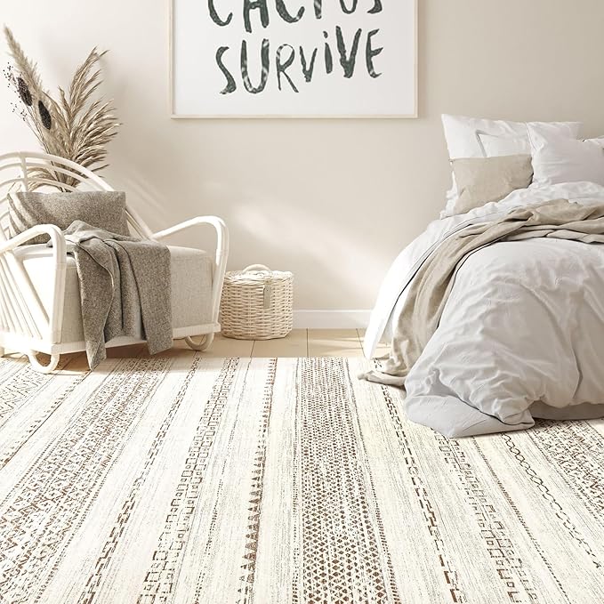 Nakagishi 10x14 Area Rugs Living Room: Washable Boho Large Neutral Modern Soft Farmhouse Rug Stain Resistant Indoor Non-Slip Accent Carpet for Bedroom Nursery Kids Playroom Office Dining Room- Brown