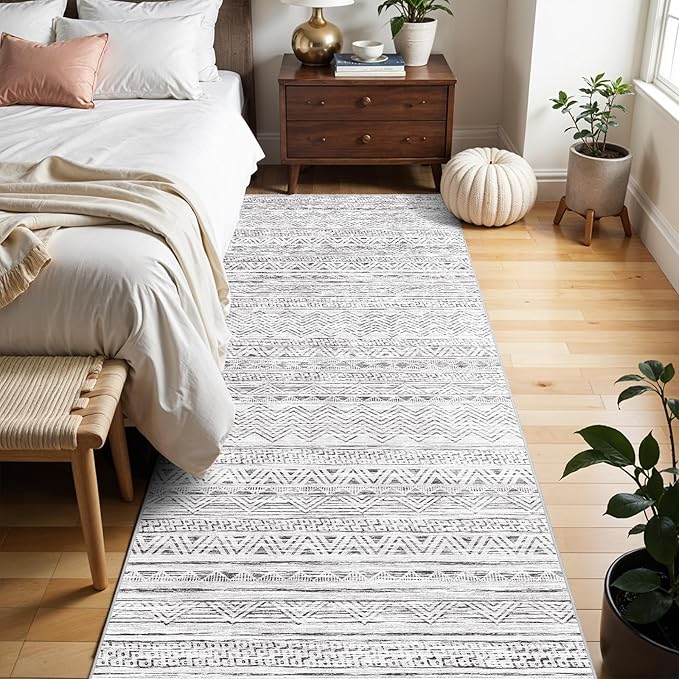2x6 Washable Hallway Runner Rug - Moroccan Non-Slip Indoor Table Long Runners for Entryway Soft Low Pile Neutral Rugs for Kitchen Waterproof Geometric Carpet for Bedroom Bathroom Laundry 2x6 Grey