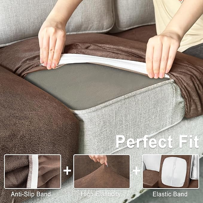 Leather Look Couch Cushion Covers Sofa Seat Slipcovers Sets Couches Furniture Protector for Sectional Armchair Loveseat Pets Kids Stretch Spandex Fabric (1 Cushion XL Sofa, Brown)