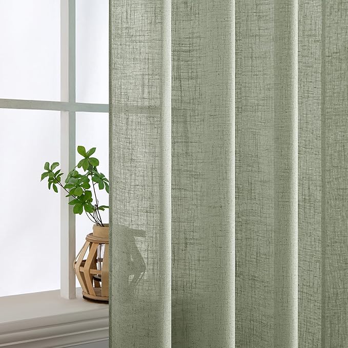 MIULEE Sage Linen Curtains 84 Inch Length 2 Panels for Bedroom Living Room,Green Soft Thick Linen Textured Window Drapes Semi Sheer Light Filtering Back Tab Rod Pocket Burlap Look Decor