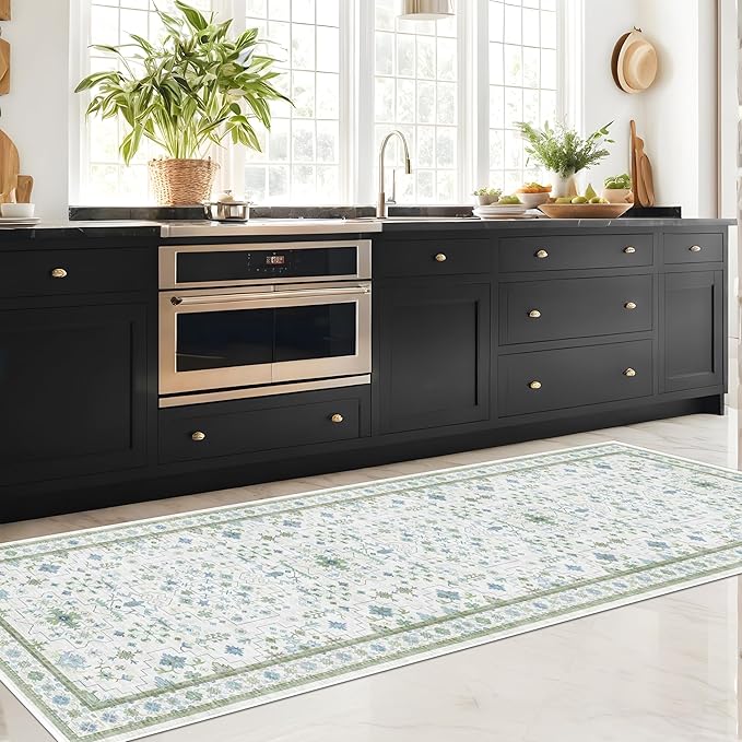 Hazo Haus Washable Oushak 2x8 Bathroom Runner Rug - Vintage Turkish Floral 8ft Long Low Pile Non Slip Runners for Kitchen, Hallway - Cream Blue and Green