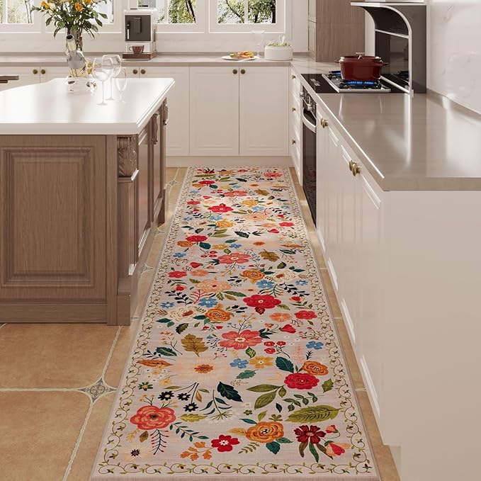 Rugcomf Washable Kitchen Runner 2'7"x12' - Floral Long Hallway Runner Rug Non Slip, Boho Carpet for Entryway, Hall, Bathroom - Beige
