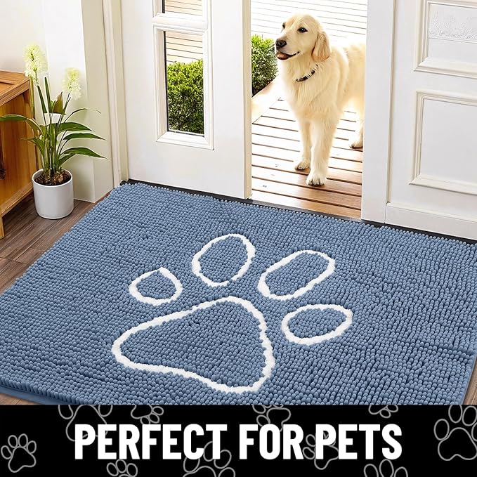 Smiry Dog Door Mat for Muddy Paws, Absorbent Dirt Trapper Non Slip Quick Dry Washable Chenille Mat for Mud Dogs, Entry Rug for Indoor and Outdoor (36x24 Inches, Airy Blue and White)