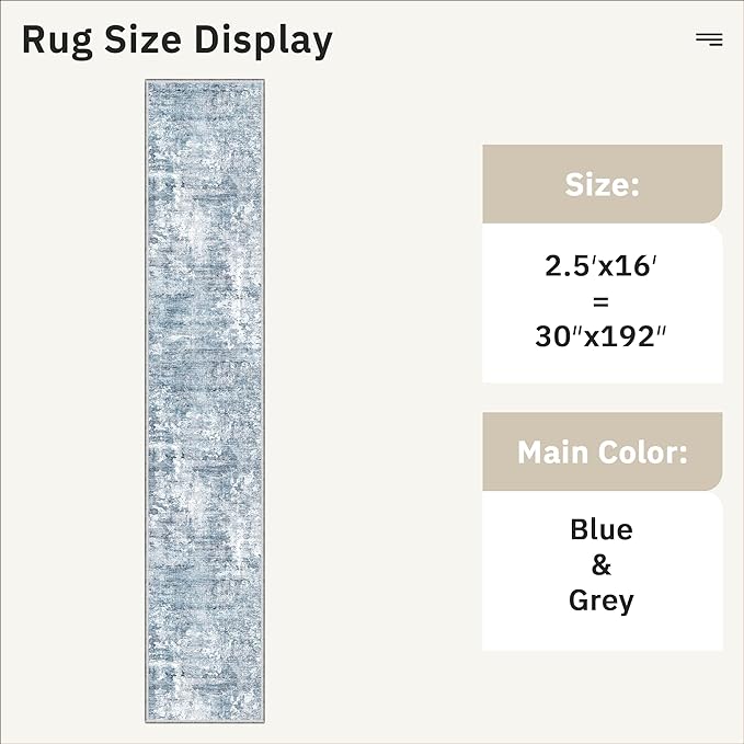 Runner Rug 2'6" x 16' Washable Non-Slip 2.5x16 ft Long Runner Rugs for Kitchen Bathroom Laundry Room Vintage Ultra Thin Runners for Hallway Entryway Blue/Grey
