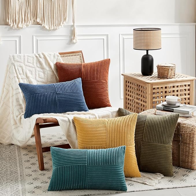 Fancy Homi 2 Packs Olive Green Lumbar Decorative Throw Pillow Covers 16x32 Inch for Living Room Couch Bed, Farmhouse Boho Home Decor, Soft Striped Corduroy Rectangle Accent Cushion Case 40x80 cm