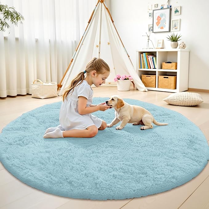 OLANLY Light Blue Round Rugs for Bedroom - Machine Washable, 5 ft Circle Area Rugs for Living Room, Soft and Fluffy Shaggy Carpet for Teen Girl and Boys, Nursery Rooms, Dorms, Home Decor Aesthetic