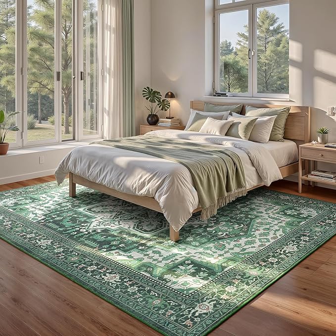 Rugflix 8x10 Area Rugs for Living Room, Machine Washable Rug Non Slip Stain Resistance, Large Rug Vintage Distressed Soft Carpet for Bedroom, Dining Room, Home Office, Green