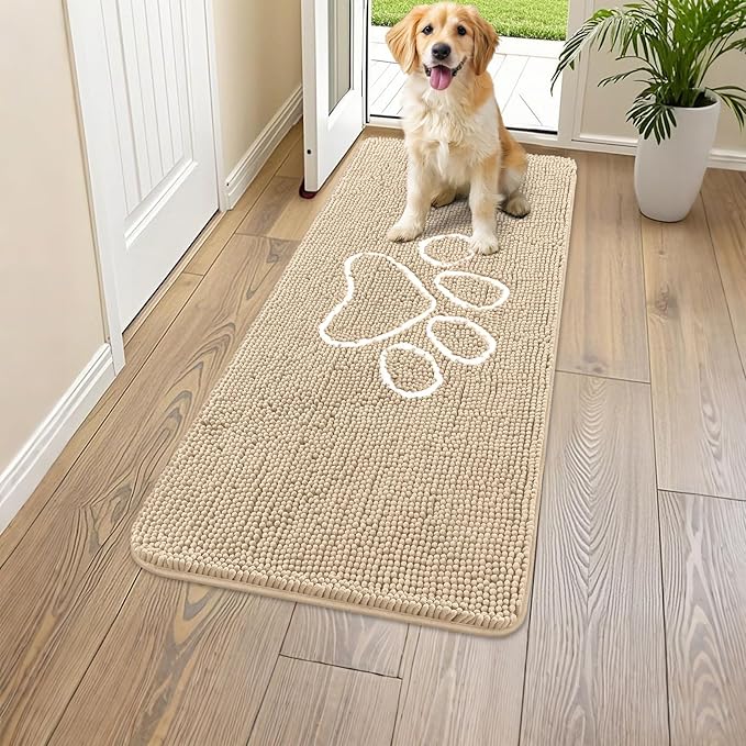 Smiry Dog Door Mat for Muddy Paws, Absorbent Dirt Trapper Non Slip Quick Dry Washable Chenille Mat for Mud Dogs, Entry Rug for Indoor and Outdoor (47x17 Inches, Beige and White)