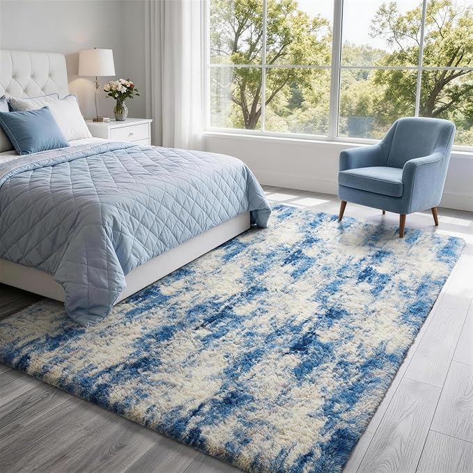 Ophanie Blue White and Grey Area Rugs for Living Room 6x9, Fluffy Shag Large Fuzzy Plush Soft Carpets, Floor Shaggy Rugs for Bedroom, Carpet for Kids Boys Girls Dorm Nursery Home Decor Aesthetic