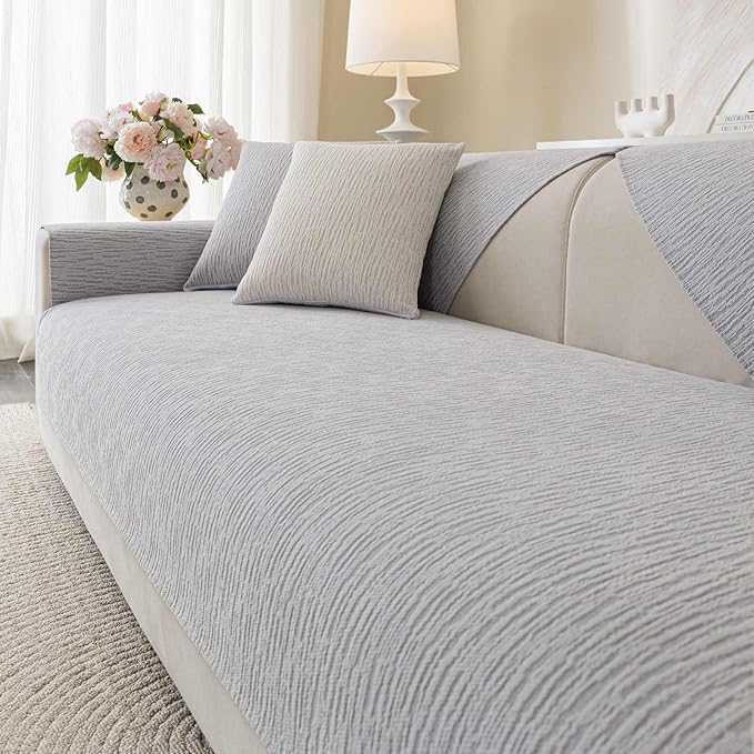 Soft Waterproof Chenille Cover Washable, Non Slip Sectional Sofa Covers for 3 Cushion Couch Sofa L Sharped Sofa Slipcover for Pets, Furniture Protector (1 PCS 27"x27" Light Grey)