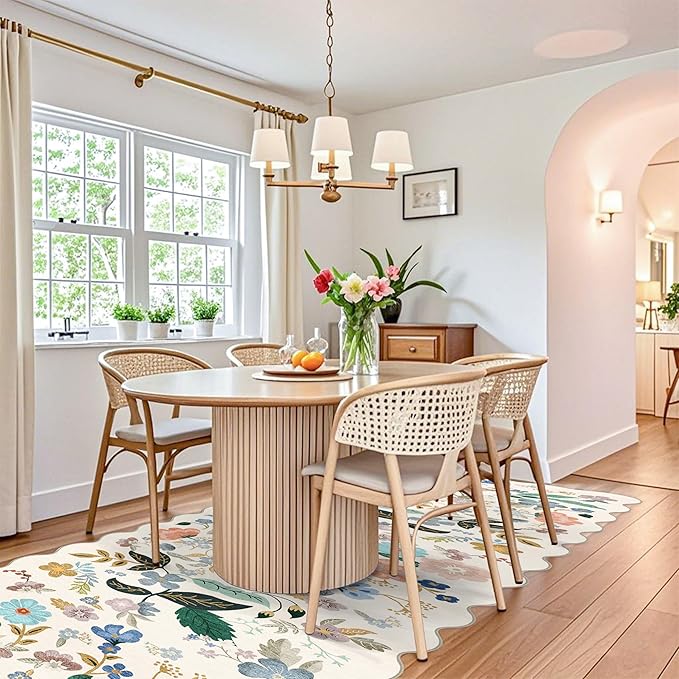 Hallway 4x10 Washable Area Rugs: Indoor Floral Scalloped Rug for Kitchen Entryway Farmhouse Nursery Bathroom Soft Carpet with Non Slip Backing Water Resistant Thin Laudry Floor Mat (4x10,Cream)