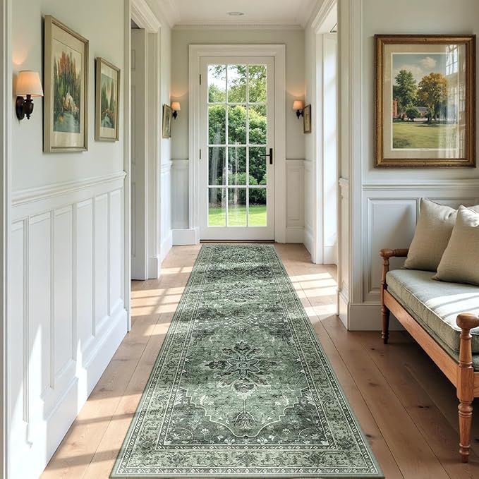 Area Rugs 2'x7' Runner Rug Non Slip Washable for Kitchen Hallway Bedroom Beside Laundry Room Bathroom Rug, Floor Carpet, Dark Green Gray