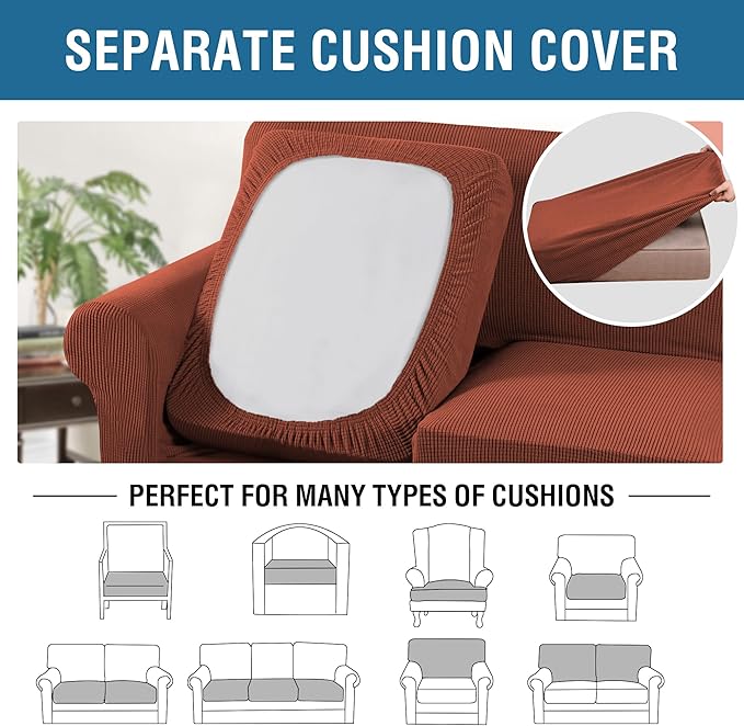 H.VERSAILTEX 4 Piece Stretch Sofa Covers for 3 Cushion Couch Covers for Living Room Furniture Slipcovers (Base Cover Plus 3 Seat Cushion Covers) Upgraded Thicker Jacquard Fabric (Sofa, Rust)