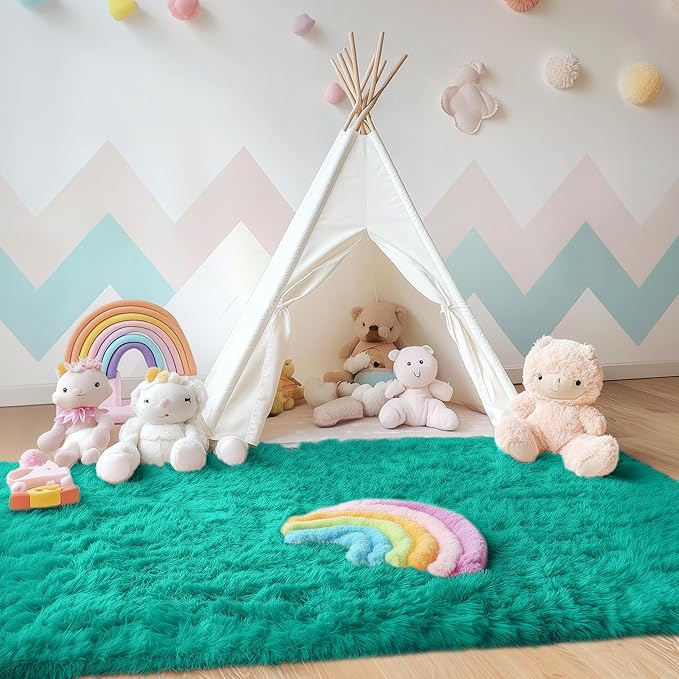 OLANLY Area Rugs for Living Room Bedroom, Machine Washable 4x5.9 ft Soft Fluffy Shaggy Bedside Rug, Indoor Floor Carpet for Kids Girls and Boys, Dorms, Nursery Rooms, Home Decor Aesthetic, Teal Green