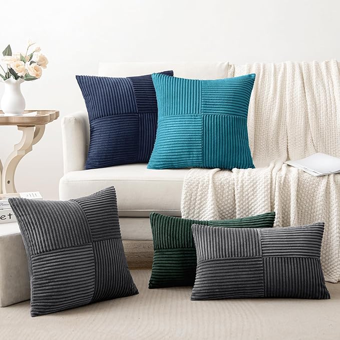 MIULEE Navy Blue Decorative Throw Pillow Covers 16x16 Inch for Couch Bed Sofa Pack of 2 Boho Farmhouse Throw Pillows Soft Cross Corduroy Patchwork Textured Cushion Cases