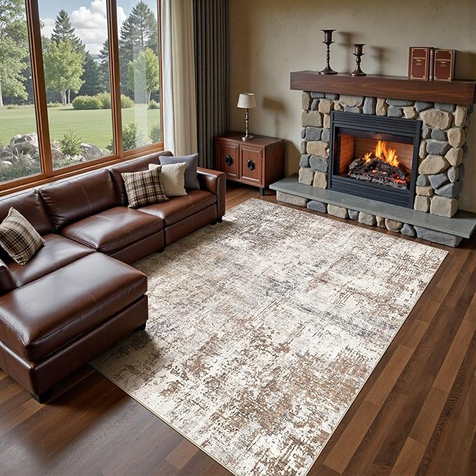 UERMEI Area Rug Living Room Rugs - Washable Neutral Modern Abstract Soft Thin Rug Indoor Floor No Slip Rug Carpet for Bedroom Under Dining Table Home Office Decor - Brown/Grey/Red - 10x14