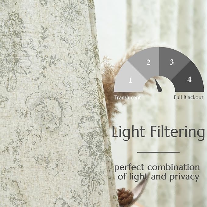 jinchan Linen Blend Floral Curtains for Living Room 84 Inch Length Farmhouse Printed Curtain Rod Pocket Back Tab Sage Green Peony Flower Patterned Drapes Bedroom Curtains Set 2 Panels
