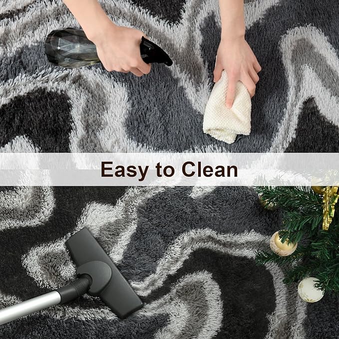 TWINNIS Super Soft Shaggy Rugs Fluffy Carpets, 4x5.9 Feet, Indoor Modern Plush Area Rugs for Living Room Bedroom Kids Room Nursery Home Decor, Upgrade Anti-Skid Rectangular Fuzzy Rug, Grey Black